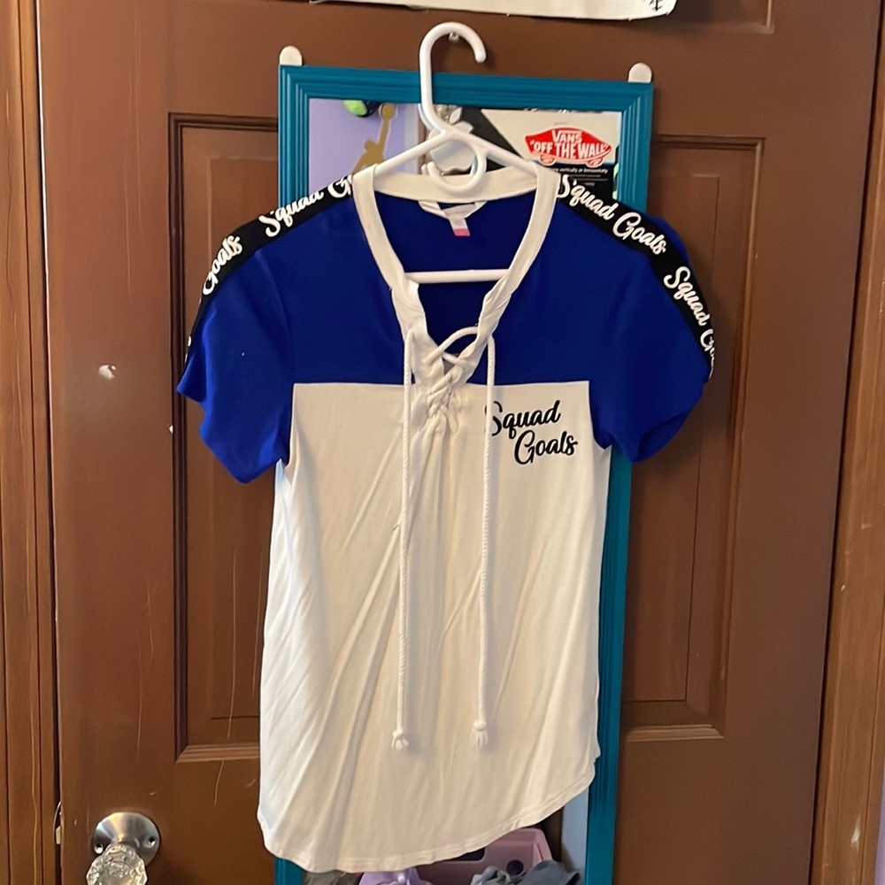 Blue black and white T-shirt with laces